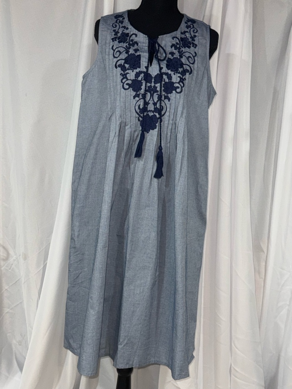 Roaman's Light Blue Midi Dress with Navy Embroidery - Picture 1 of 8